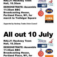 J10! Public Sector Unions striking on July 10th! Rally at Hackney Town Hall